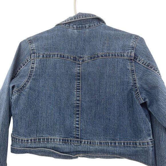 Xhilaration Womens Cropped Denim Jacket SZ XL Blue Button Front Distressed Style - Picture 12 of 15